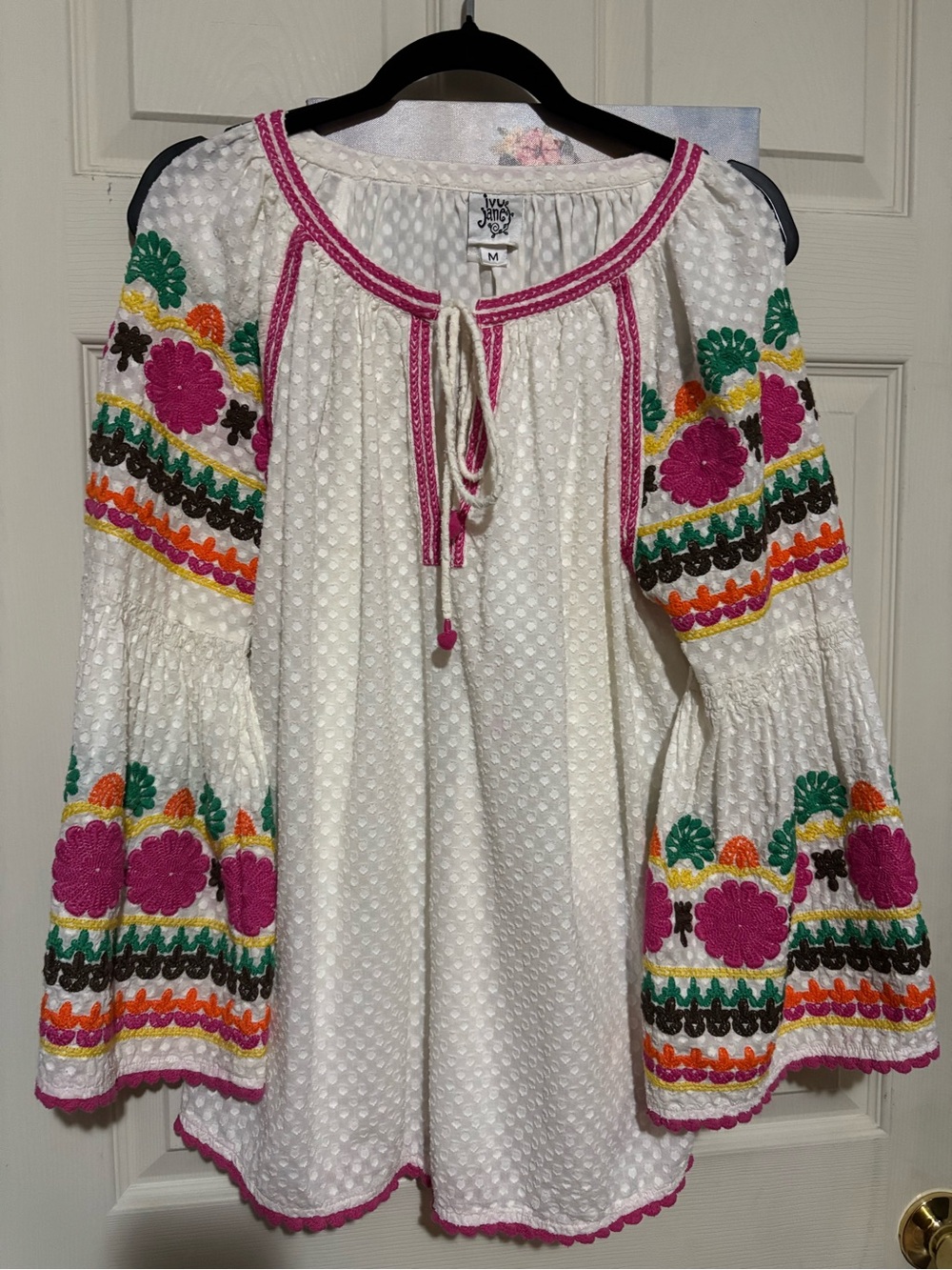Anthropologie Ivy Jane embroidered tunic top with colorful floral details.